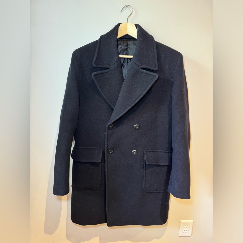 Mango Wool Double Breasted Overcoat - Navy - Medium